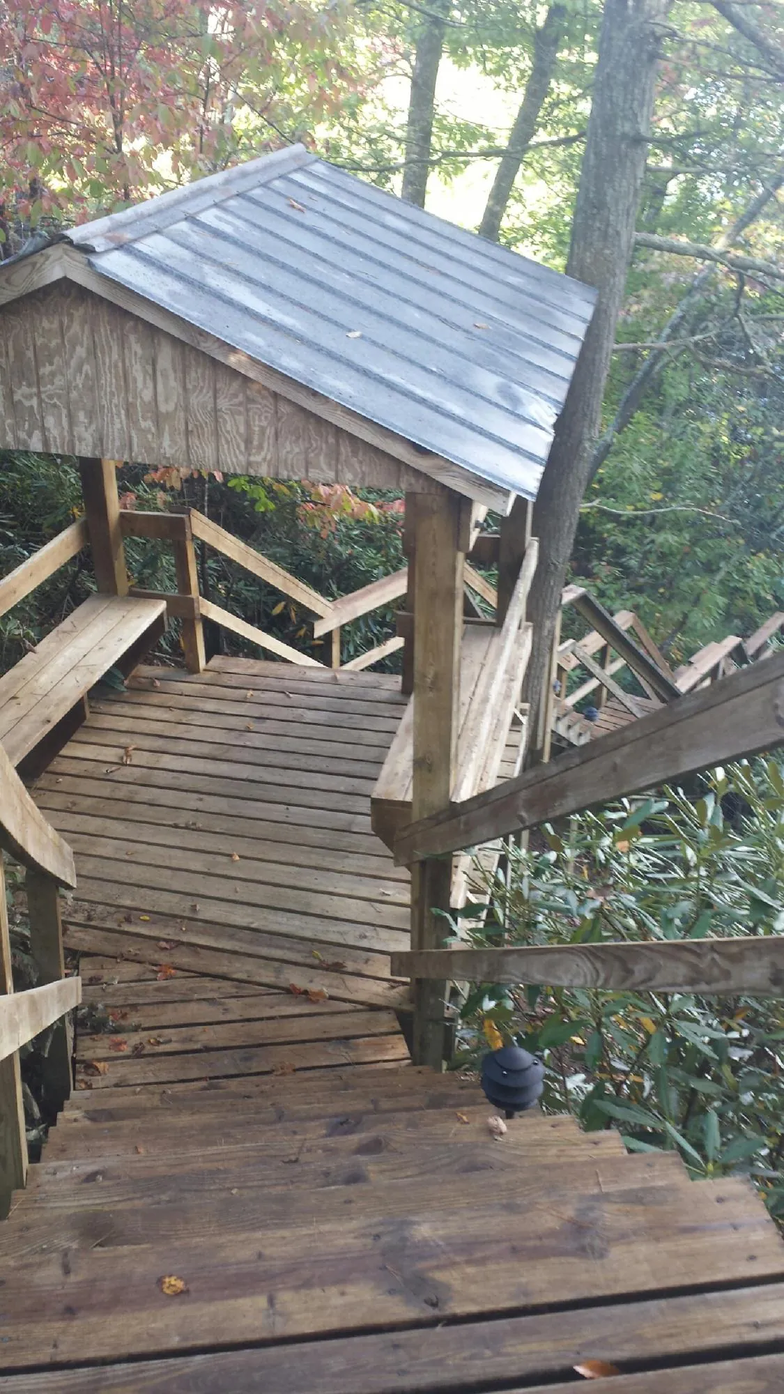 Metal roofed shelter over wooden steps on a wooded walkway — Skylight Repair & Installation work by our crew in Greeneville